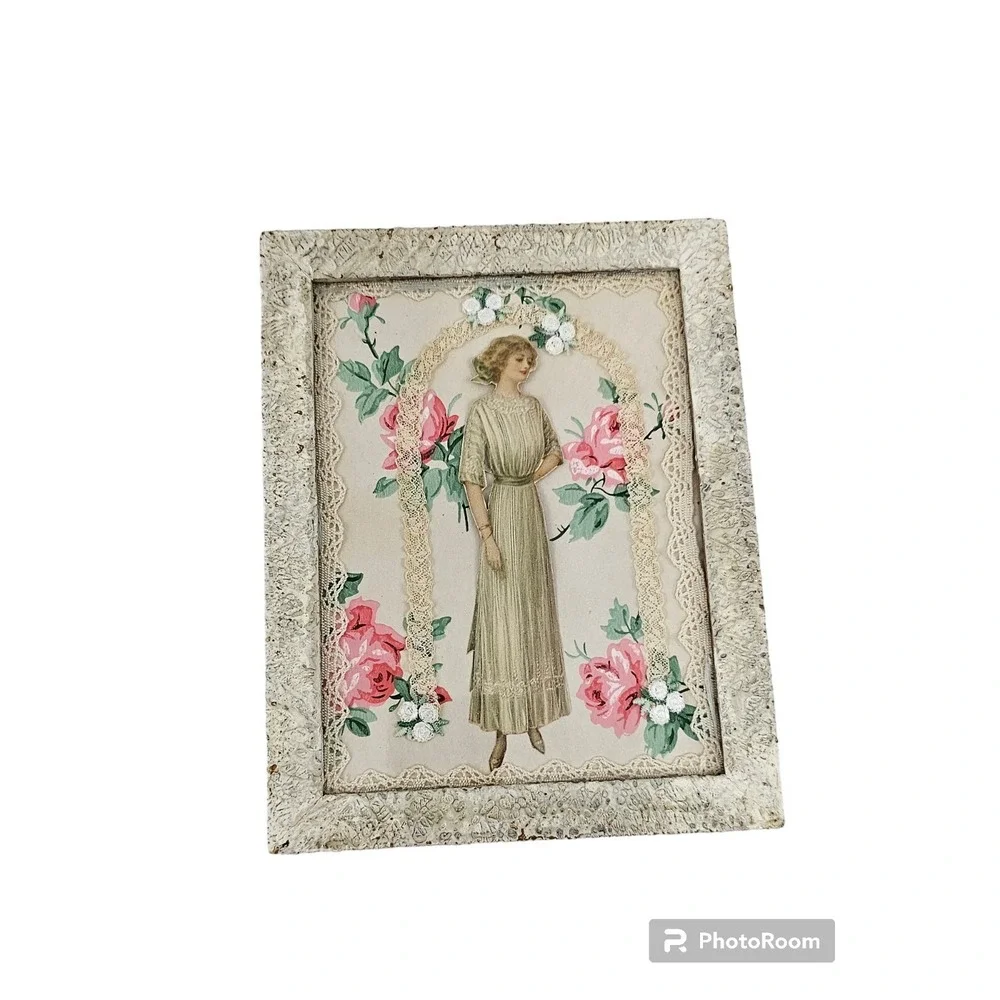 Framed Paper Doll Collage Wall Decor Picture Ornate Vintage French Victoria